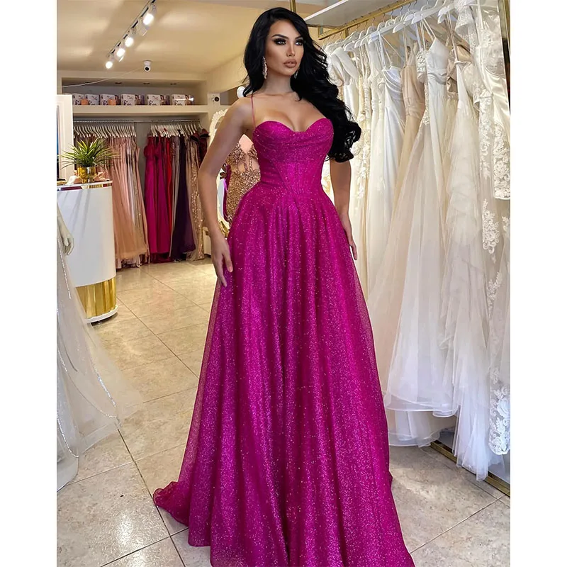 Sexy Rosy Pink Prom Dresses Spaghetti Glitter Evening Gowns Pleats Lace Up Back Formal Red Carpet Long Special Occasions Dress