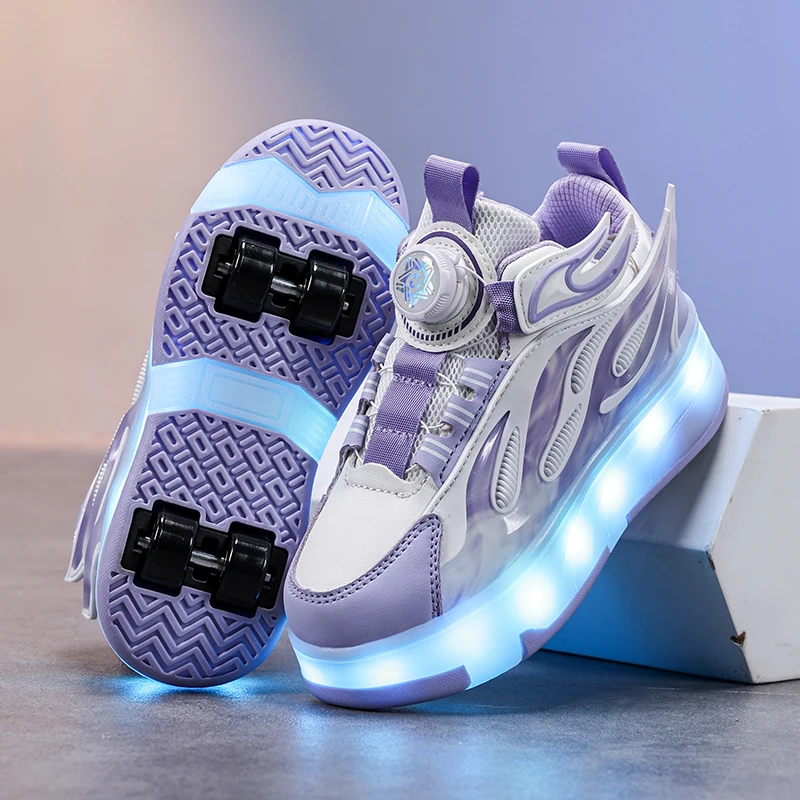 New Children Cool Fire Shape USB Charge Led Light Roller Skate Shoes 4-Wheels Sneakers Kids Light Up Sport Shoes for Boys Girls