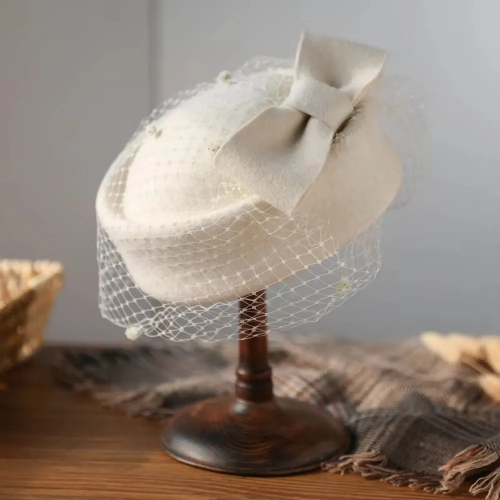 Fashion Elegant Mesh Wool Jazz Hat Warm Woolen Breathable British Style Hat Bowknot Veil Hat Autumn Winter view 2