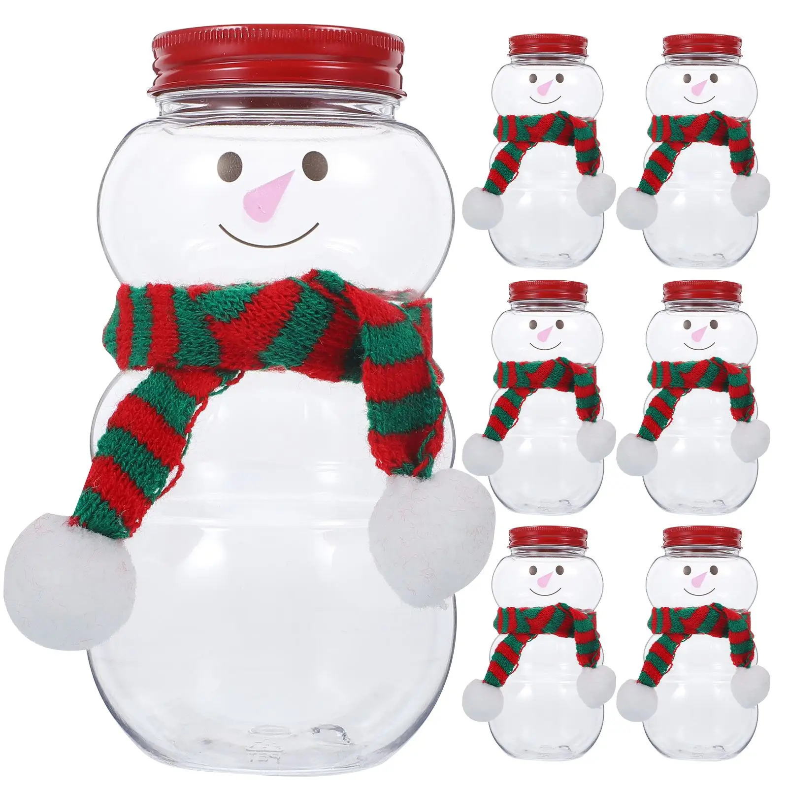 10 Sets Christmas Snowman Beverage Bottles Christmas Juice Bottle With Scarves Xmas Snowman Candy Jar Empty Plastic Bottle 500ML