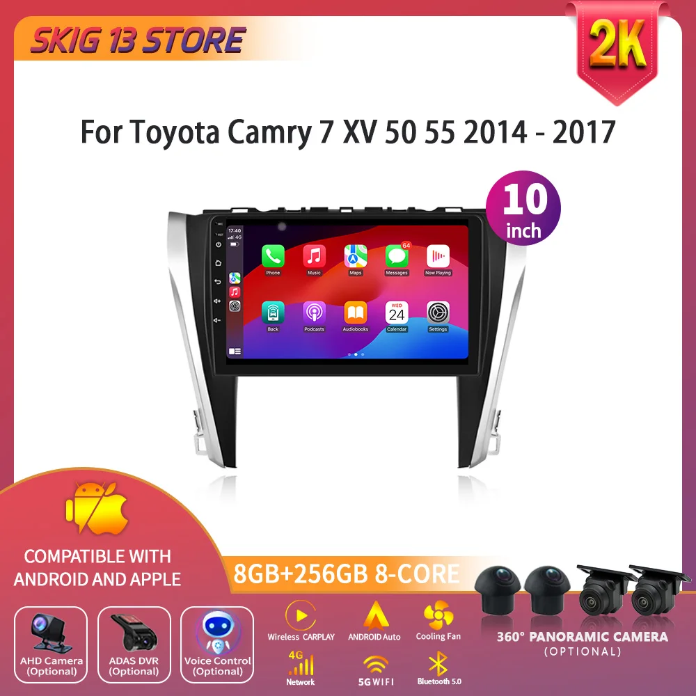 For Toyota Camry 7 XV 50 55 2014 - 2017 Android 14 Car Radio Multimedia Navigation 4G GPS CarPlay Wireless Stereo 2 Din Screen