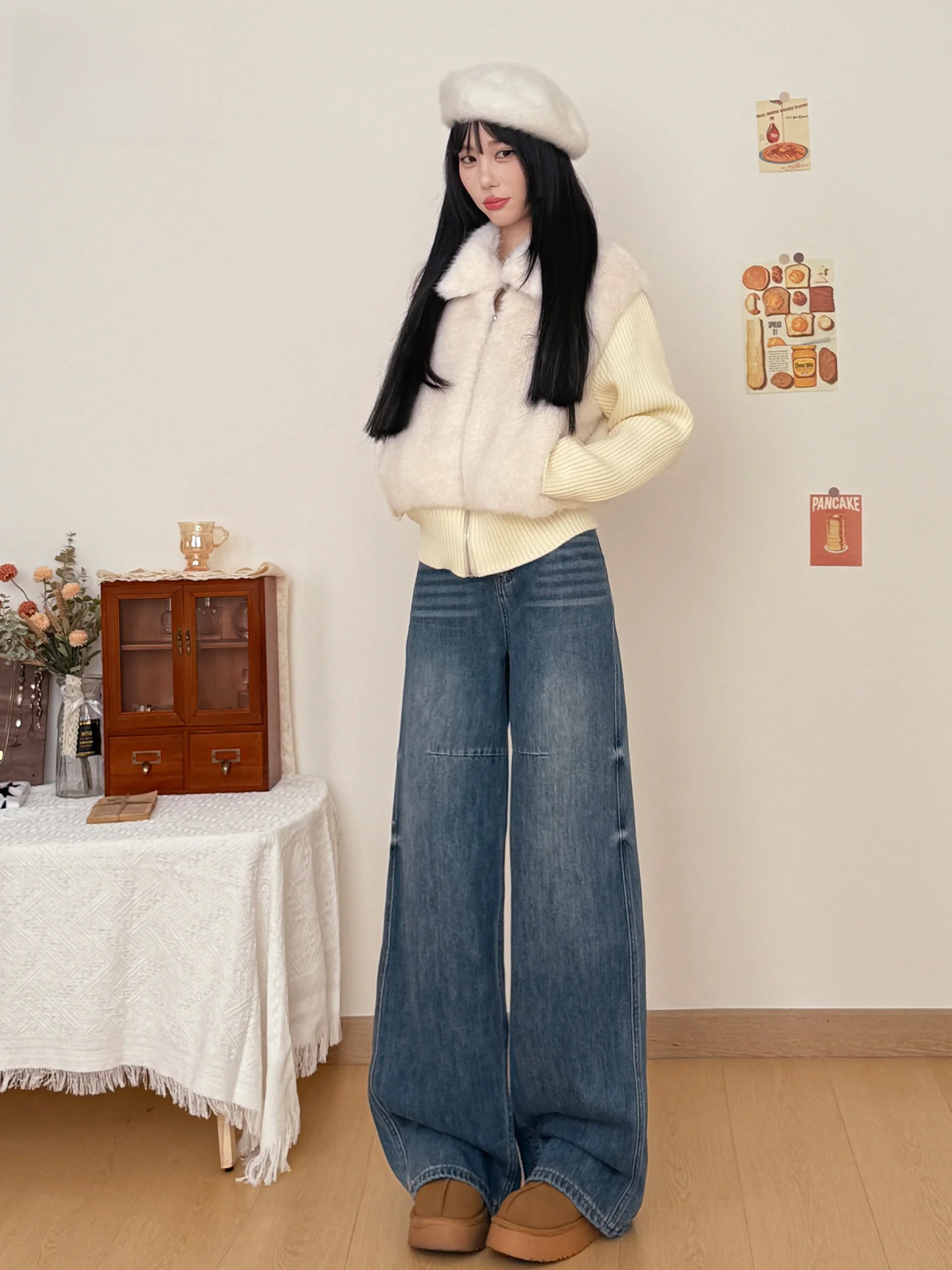 

Джинсы с высокой талией и прямыми штанинами, синие, женские, свободные, широкие, летние, с эффектом похудения, драпированные, повседневные, в американском стиле, из денима