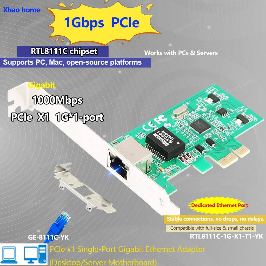 

RTL8111C PCIe Gigabit Ethernet Card Plug & Play RJ45 Network Adapter for Desktop PC/Synology NAS/Soft Router (Wake-on-LAN )