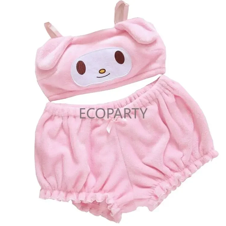 Girls Fuzzy Pajamas Set Kawaii Anime Cute Velvet Fluffy Tube Top Shorts Cartoon Bunny Ear Underwear Sleepwear Suits Sets 20