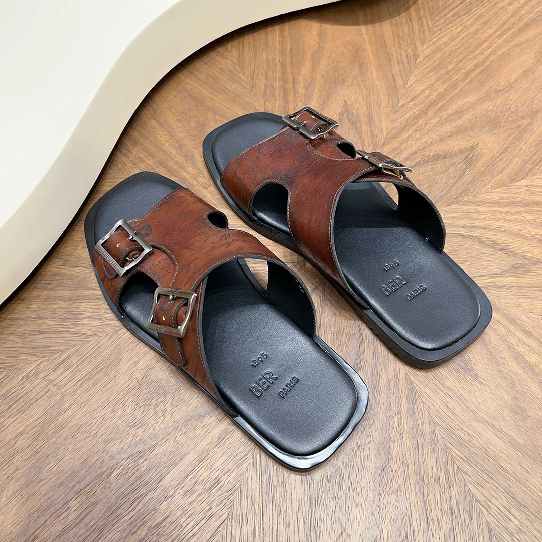 BLLIYOSS Men Patterned leather slippers 1895 Shoes New Calf stitching High-quality relief sculpture Embossed badge 39-46 Paris