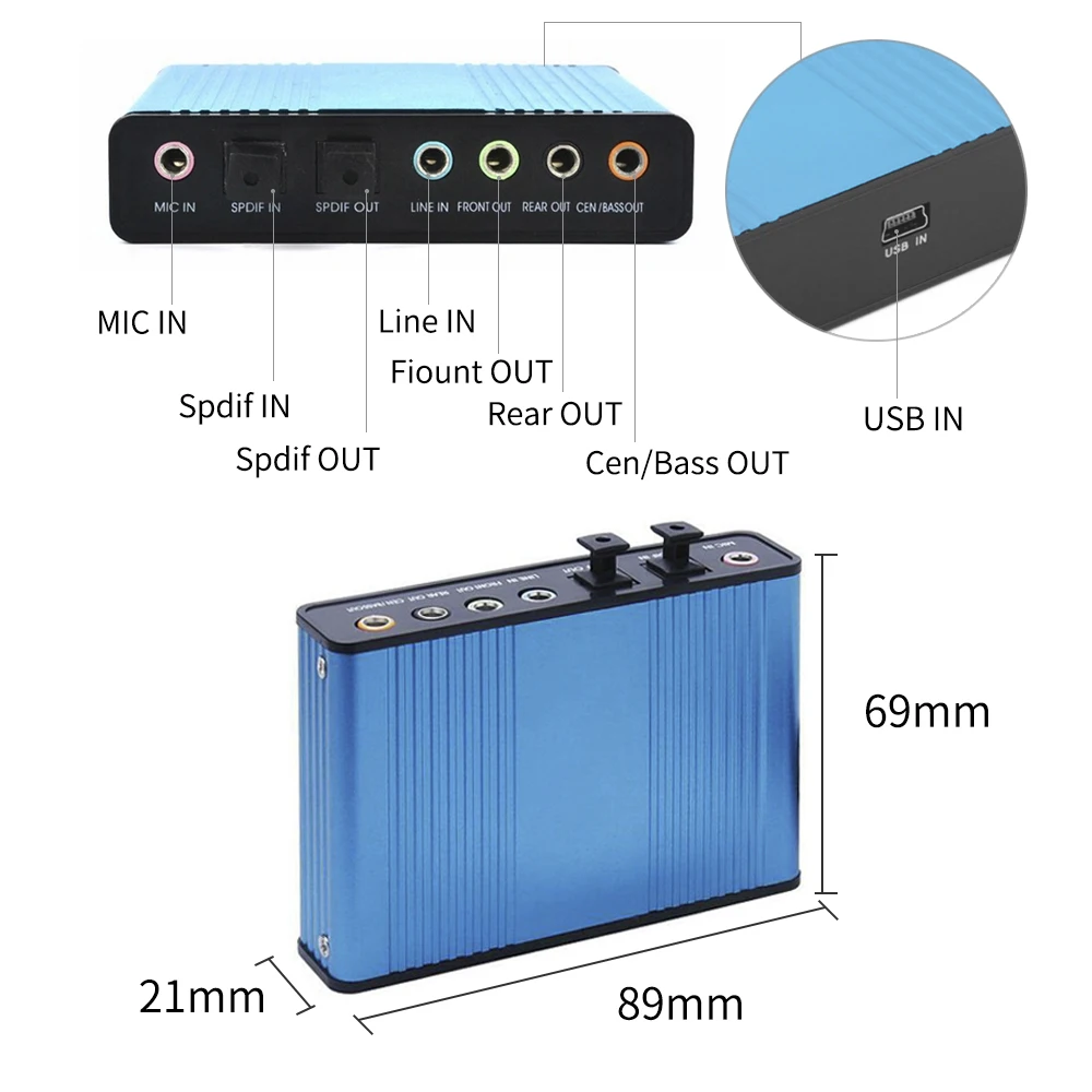 Professional USB Sound Card 6 Channel 5.1 Optical External Audio Card Converter CM6206 Chipset for Laptop Desktop Microphone