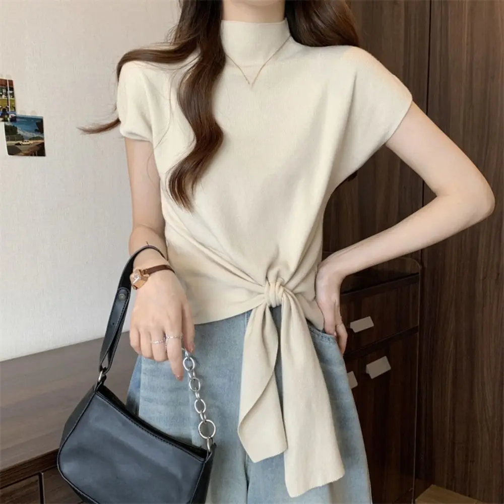 

Korean Style Lace Up Short Sleeve T-shirt Kintwear Slim Fit Y2K Crop Top Women Simple Chic Half High Collar Tees Top Girls