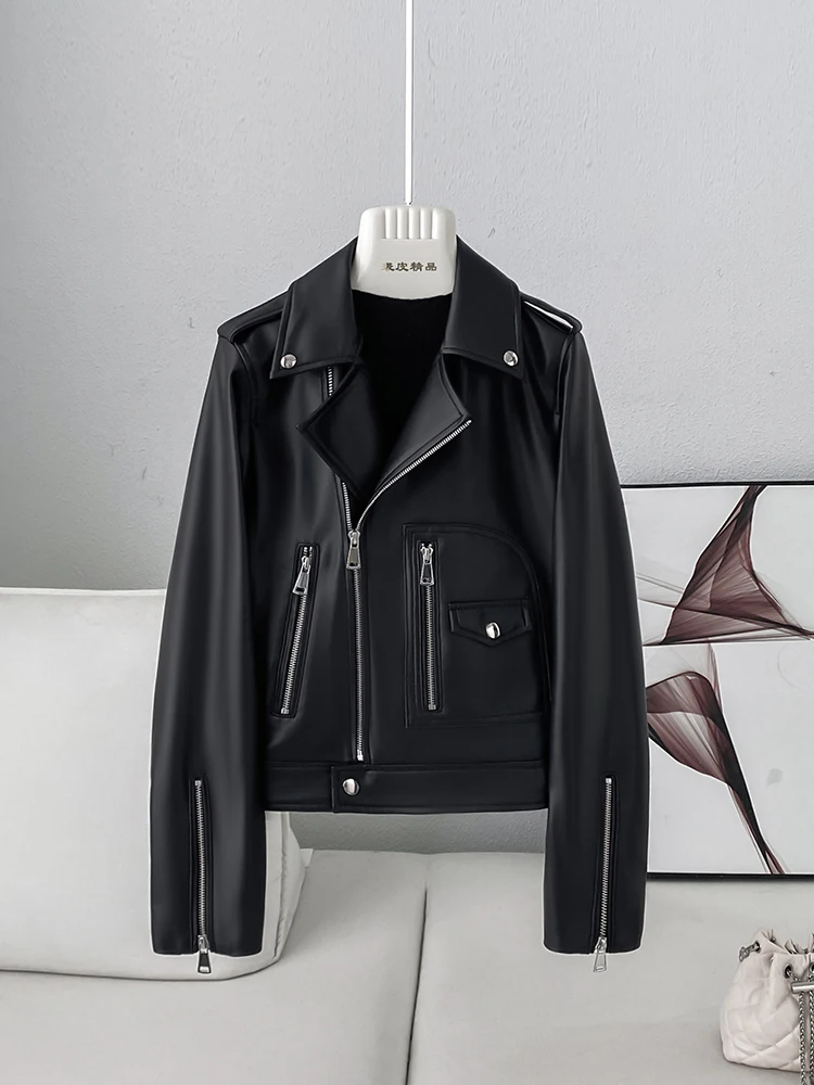 Women Leather Jacket Short Spring Trendy Handsome Motor Biker Genuine Sheepskin Zipper Pockets Coat Plus Size