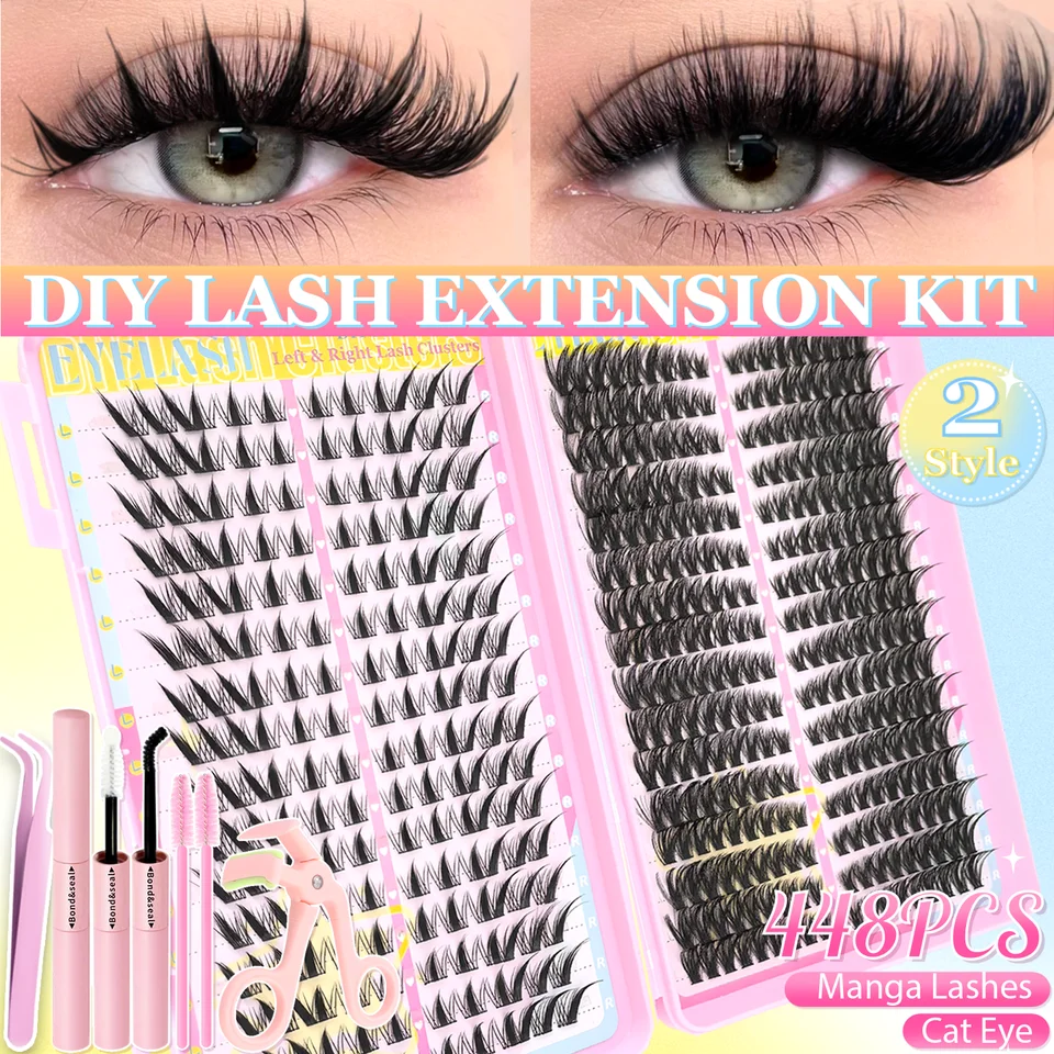 Kit de pestañas de estilo ojo de gato manga, 448 piezas, banda transparente, delgadas, ligeras, reutilizables, aspecto natural y glamoroso