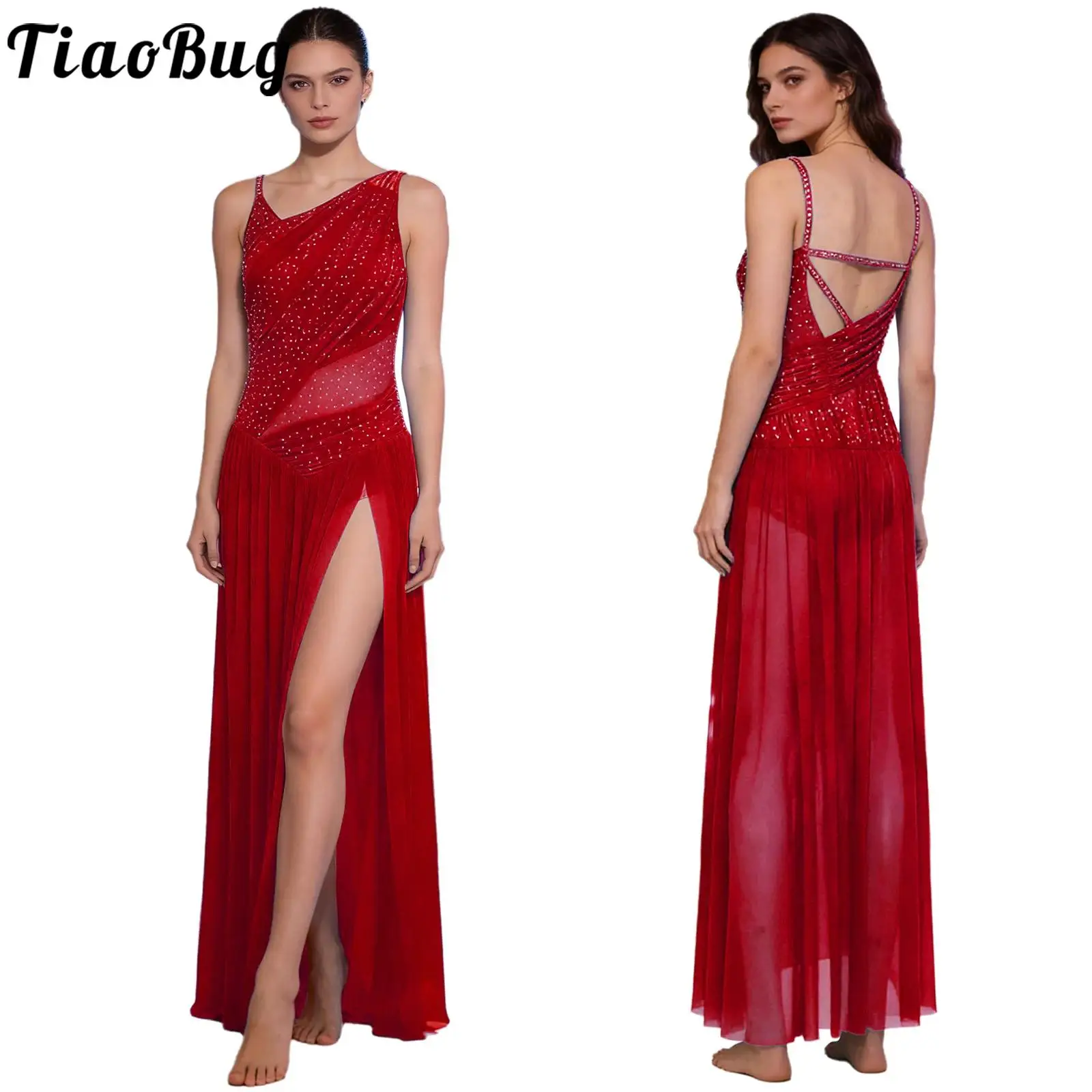 

Women Lyrical Dance Long Dress Rhinestones Sleeveless Leotards Patchwork Mesh Hem Dress Modern Contemporary Ballet Dance Costume