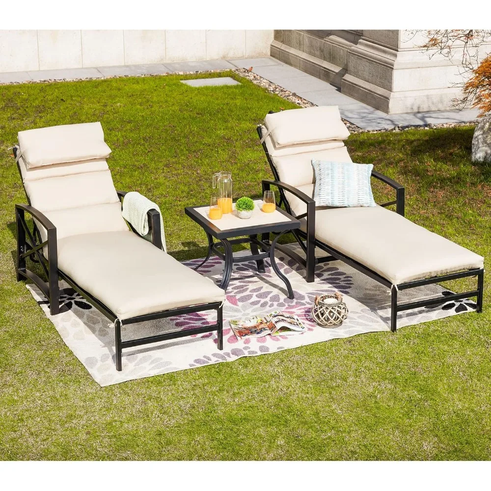 

3Pcs Outdoor Lounge Chair Set Patio Chaise Set Including 2 Recliners with Adjustable Backrest Removable Cushions and 1 Bistro Ta