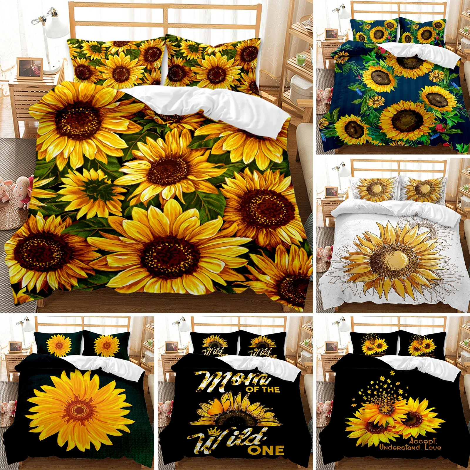 

Sunflower Duvet Cover Set Yellow Flower Bedding Set Sunflower Botanical Floral Garden Bloom Print on Black Polyester Quilt Cover