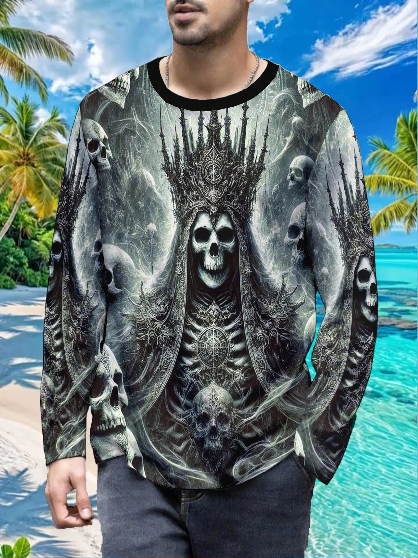 Halloween Skull Skeleton Crown Dark Gothic Mens Polyester Long Sleeve T Shirt Skull King Undead Priest Print Graphic Tee Casual