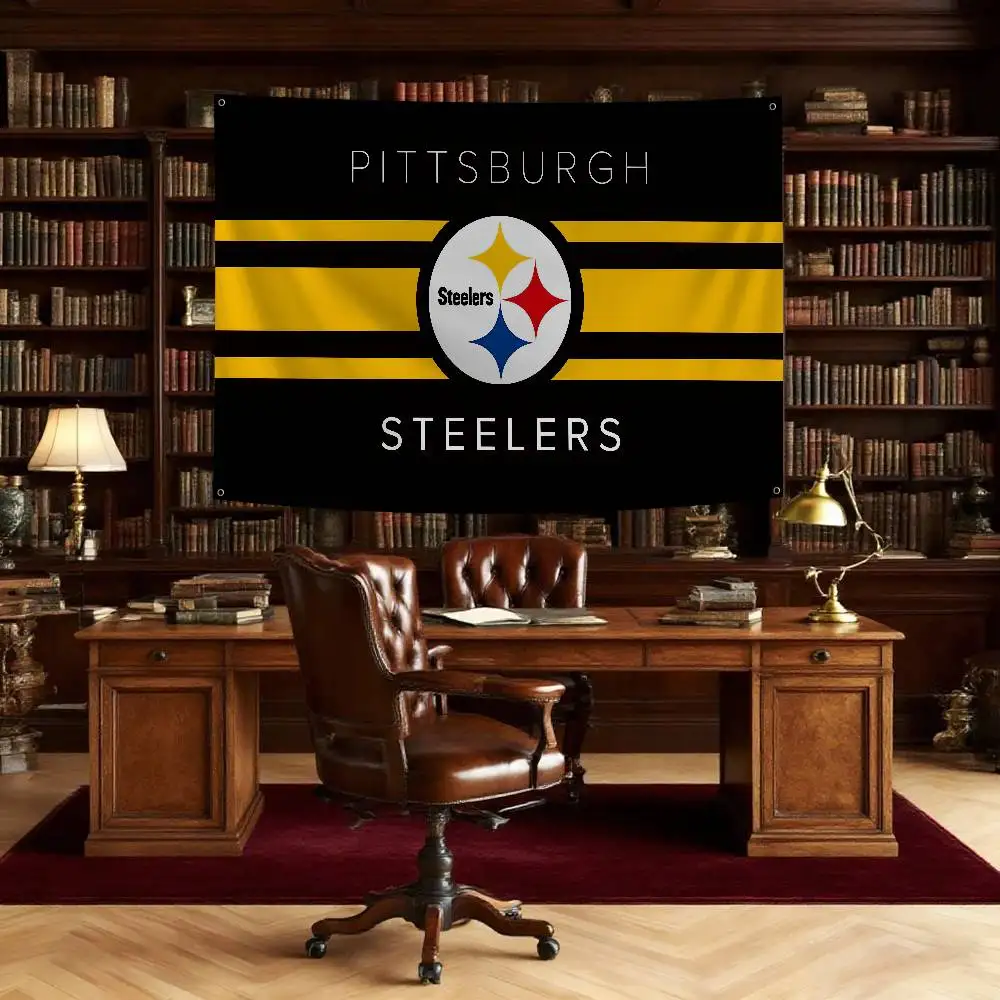 P-PittsburghS S-Steelers LOGO Flag Banners Four Hole Flag Polyester Outdoor Decor Room Aesthetic