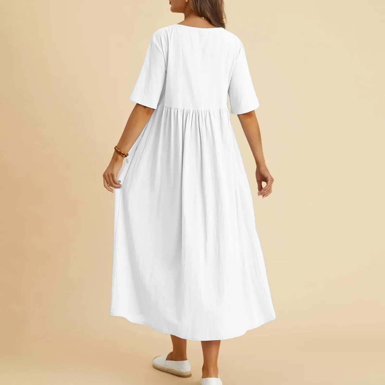 Woman Casual Dresses Cotton Linen A Line Five Point Sleeve Midi Dress Casual Large Size Maxi Dress Summer Vestido Clothing