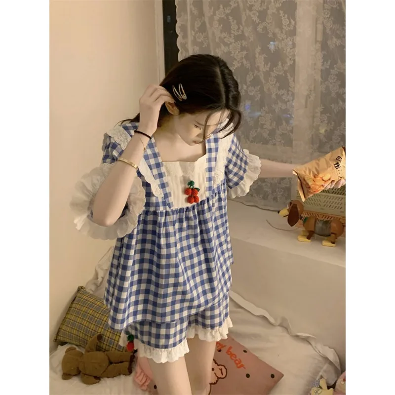 Y2K Harajuku Style Sweet Cherry Plaid Pajamas Women's Summer Streetwear Lace Design Loungewear Two-piece Set Women Pajamas New view 3