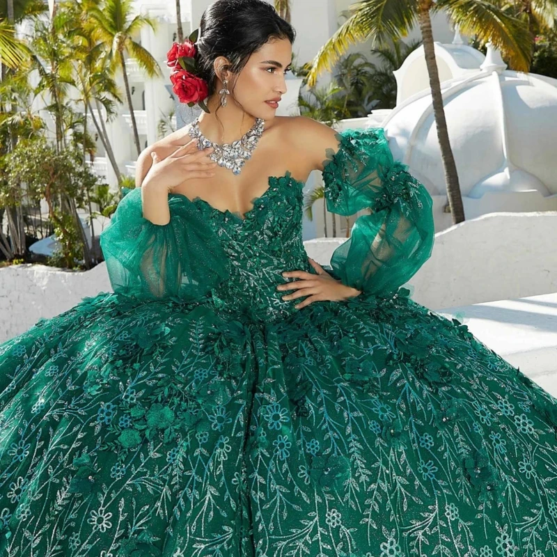 Emerald Green Shiny Princess Quinceanera Dresses Princess 3DFlowers Ball Gown Birthday Gown Applique Tulle Sweet 16 Dresses vest