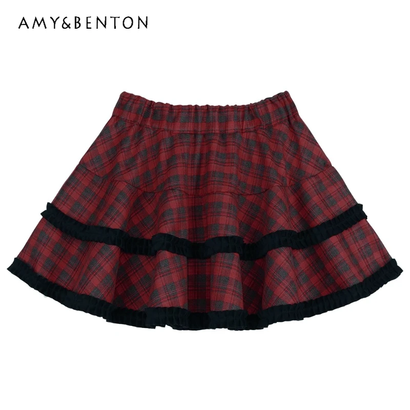 

Retro Design Plaid Lace Splicing Women's Short Skirt Autumn Winter New Sweet Versatile Lolita High Waist Slimming Skirts Ladies