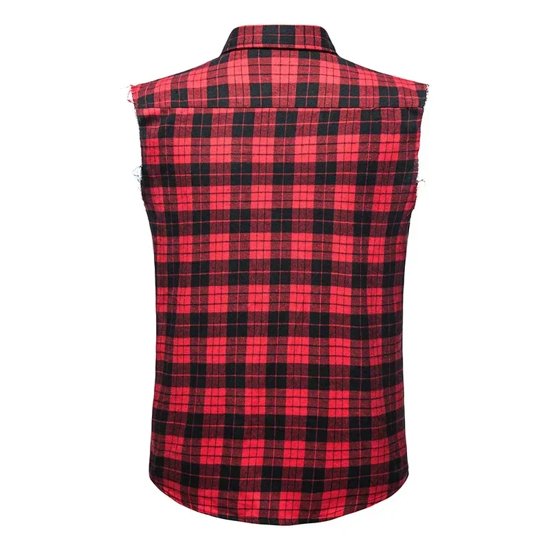 Men's Casual Flannel Plaid Shirt Sleeveless Double Pocket Cowboy Button Down Shirts Men Cotton Plus Size Vest Checkered Top 2XL