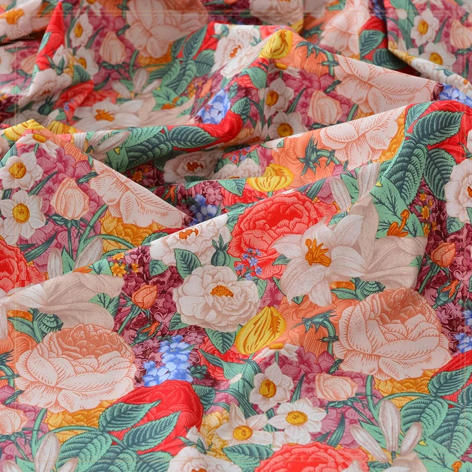 Large 145x50cm 40S Cotton Dress Poplin Fabric with Beautiful Flower Print for DIY Handmade Clothing Photo Props And Sewing