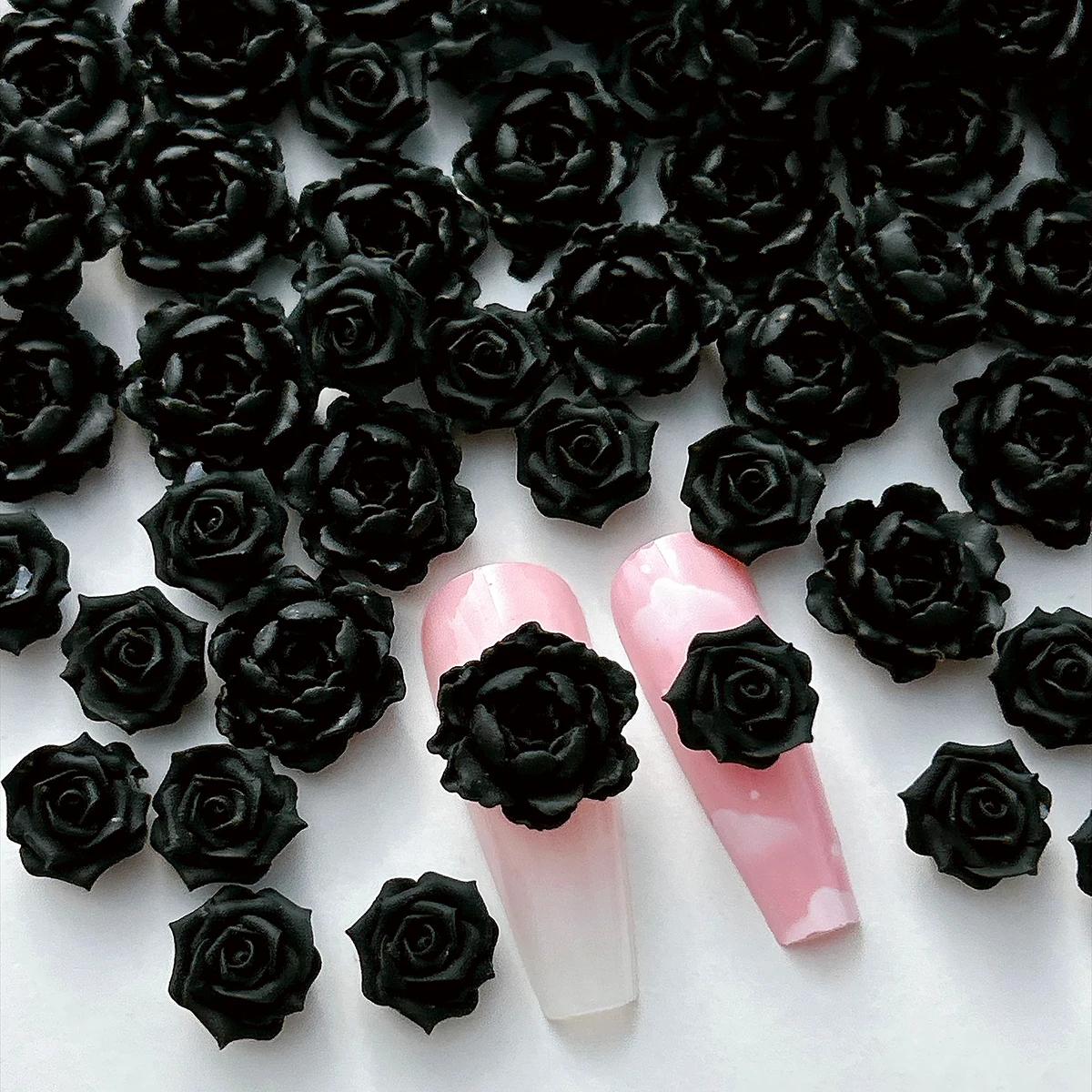 30PCS Minimalist Pure Black Rose Resin Nail Charms 3D Simulated Creative Flat Bottomed Flowers Nail Art Accessories DIY Nails