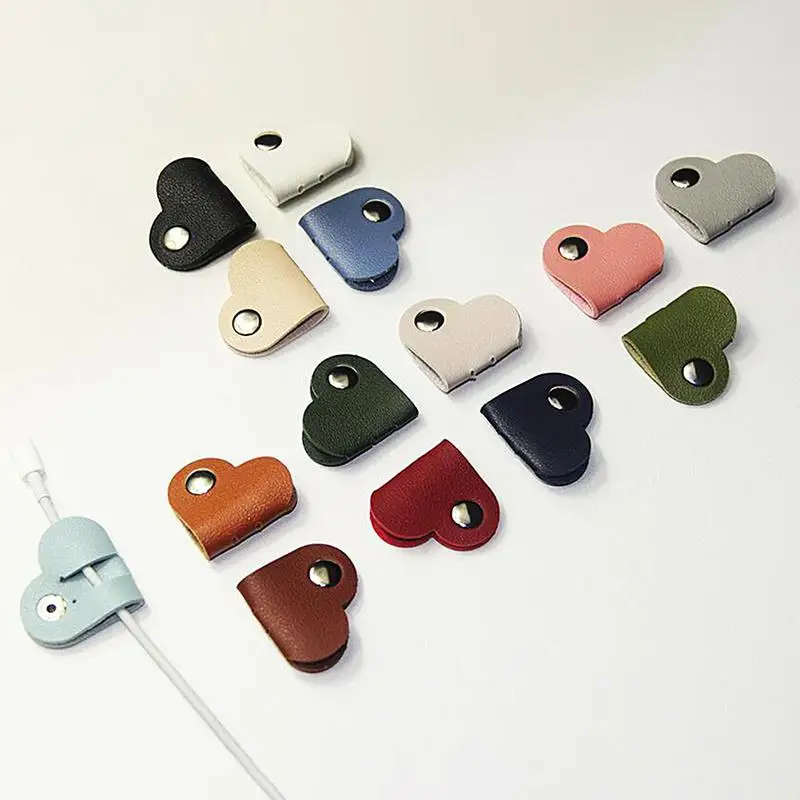 Leather Cable Straps With Snap PU Leather Cable Ties Heart-shape Cable Organizers Cable Management Cable Ties Earbud Holder