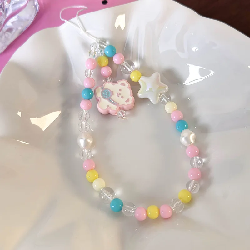 Color Blocking Star Bear Beaded Phone Lanyard Irregular Colorful Beads Universal Case Strap Fashion Pendant for Women