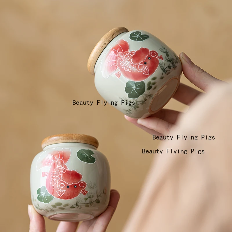 Ceramic Mini Urn for Ashes Goldfish Pattern Design Used for Cremation of Pet Corpses Chinese Style Pet Urn Mini Pet Coffin