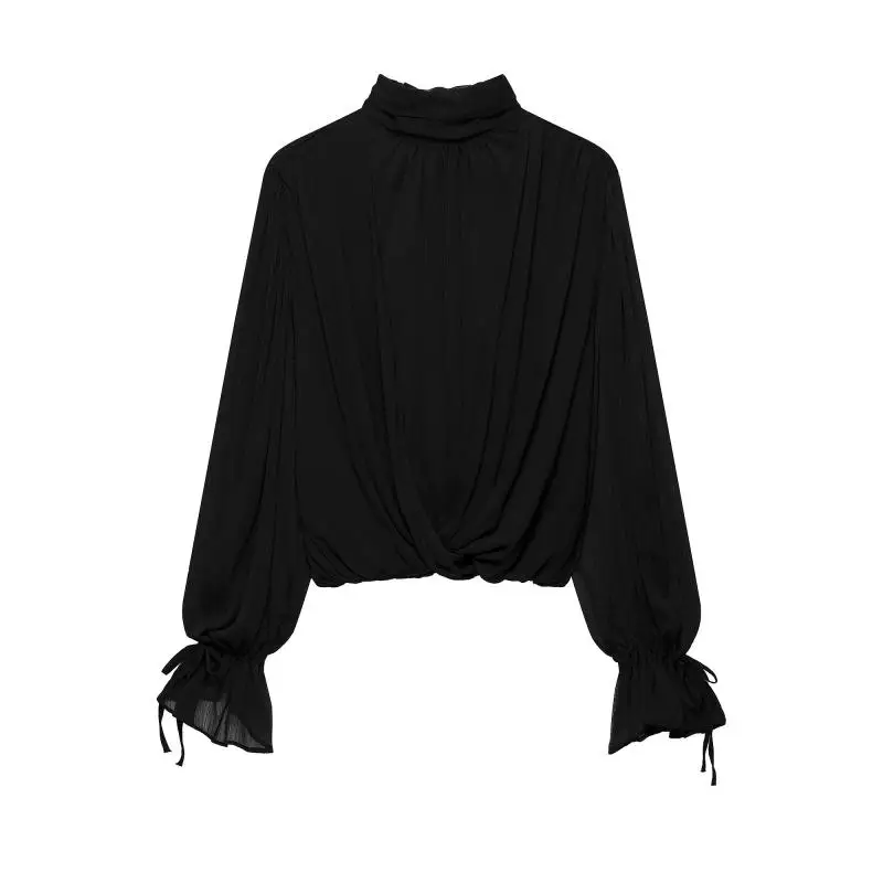 Withered Minimalist Red Elegant Backless Bow Pleated Shirt Top Women's Blouses And Shirts Woman Clothes Autumn Female Clothing