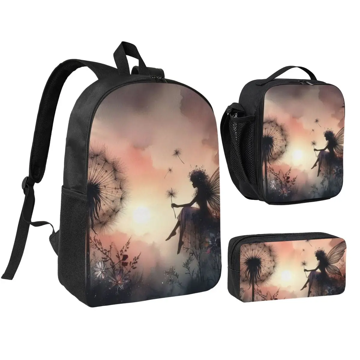 Dandelion Flower Watercolor Elf Girl Backpack Boys Girls BookBag School Bag Shoulder Bags 3ps Insulated Lunch Bag Pencil Case
