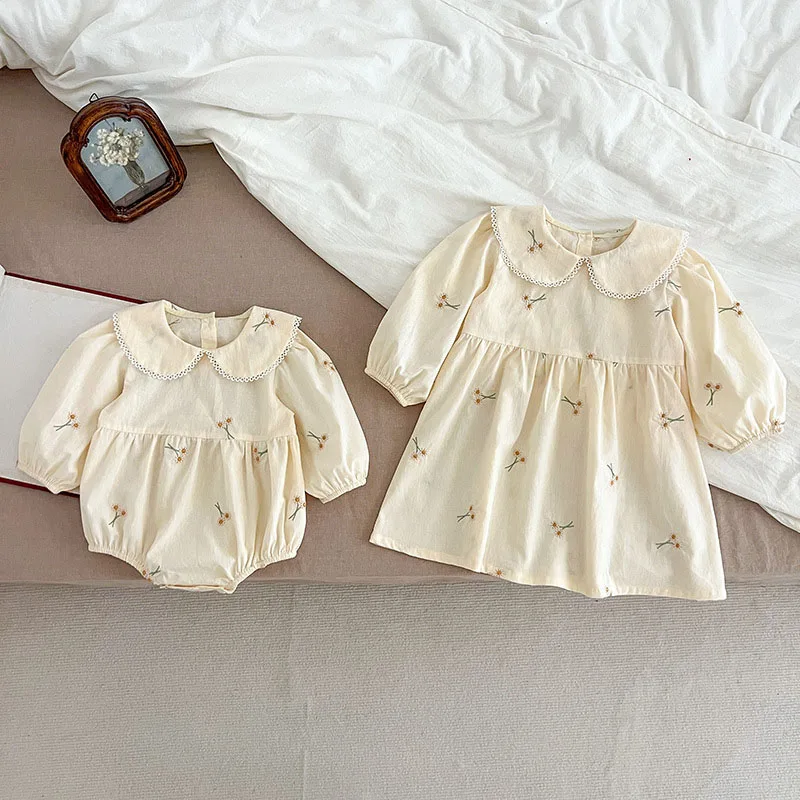 2024 New Autumn Sister Clothes Kids Princess Dress Baby Romper Long Sleeved Cotton Flower Embroidery 2-6Yrs Girl Party Dress