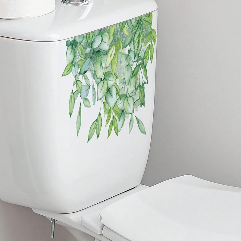 Autocollant mural auto-adhésif avec feuilles de plantes vertes, décoration pour toilettes, salon, armoire, décalcomanies d'embellissement de la maison