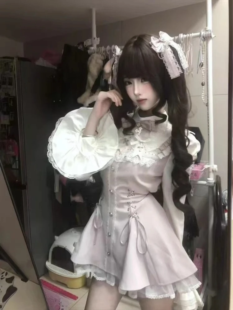 

Готический модный комплект, женские шорты в японском стиле Лолиты, комплект популярных девушек в стиле Харадзюку, винтажные лоскутные кружевные бандажные топы, платье, повседневные шорты