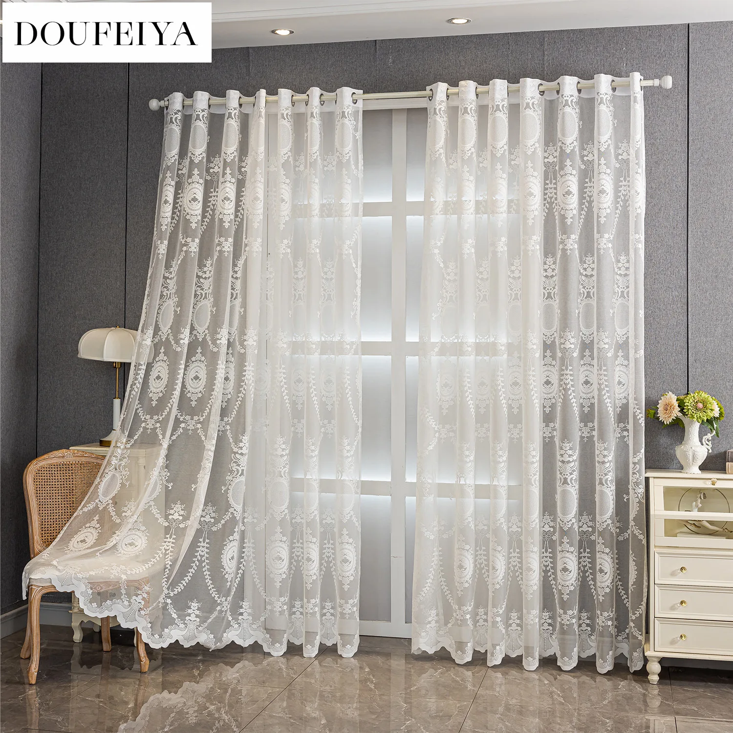Custom Size Countryside European Jacquard Transparent Curtains Lace Window Screen Fabric Curtains for Living Dining Room Bedroom