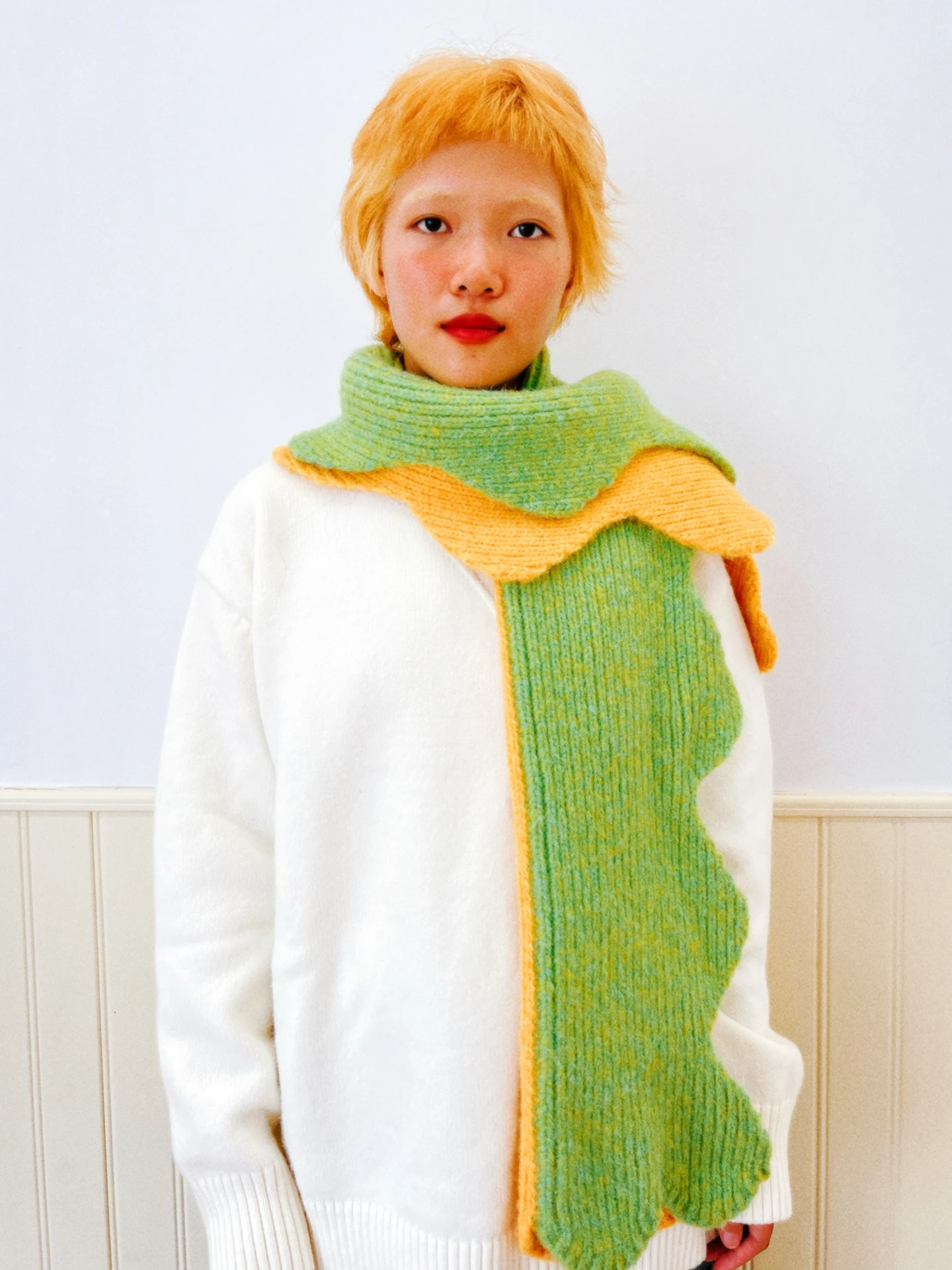 

Soft Knitted Scarf Autumn Winter Wave Lace Splicing Warmth Vintage Sle Long Rectangle ex Korean Version PE+Nylon Material