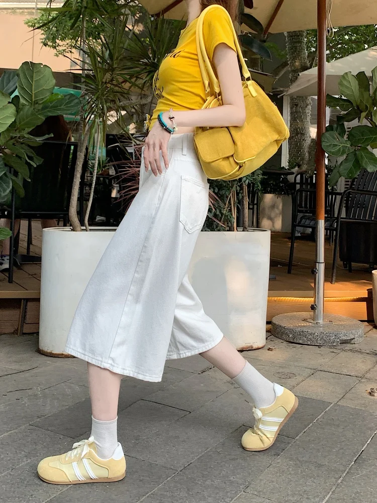 

Retro High Waist Wide Leg Jeans White Loose Fit Women's Denim Capri Pants Spring New Style plus Size Slimming Straight Cut