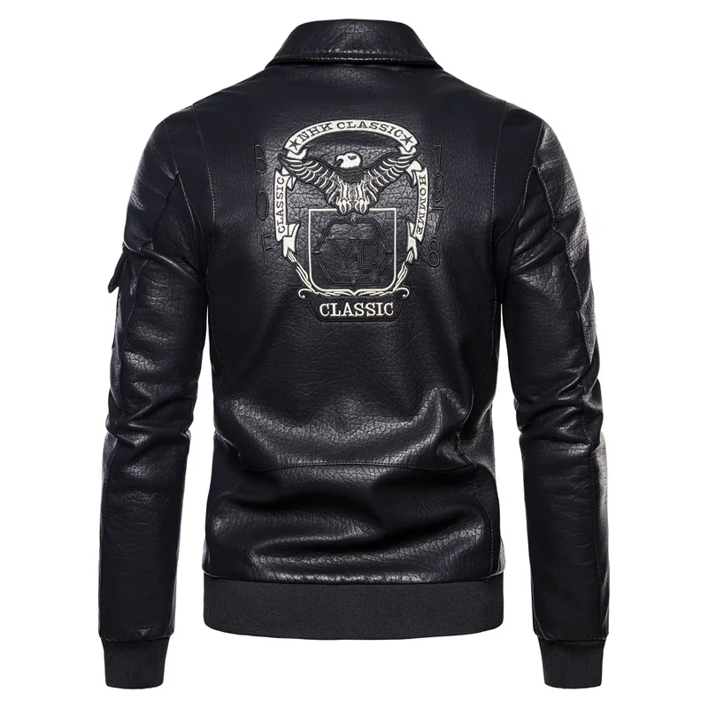 New lapel thick warm coat Men's embroidered badge motorcycle motorcycle leather Autumn winter long sleeve coat leather clothes
