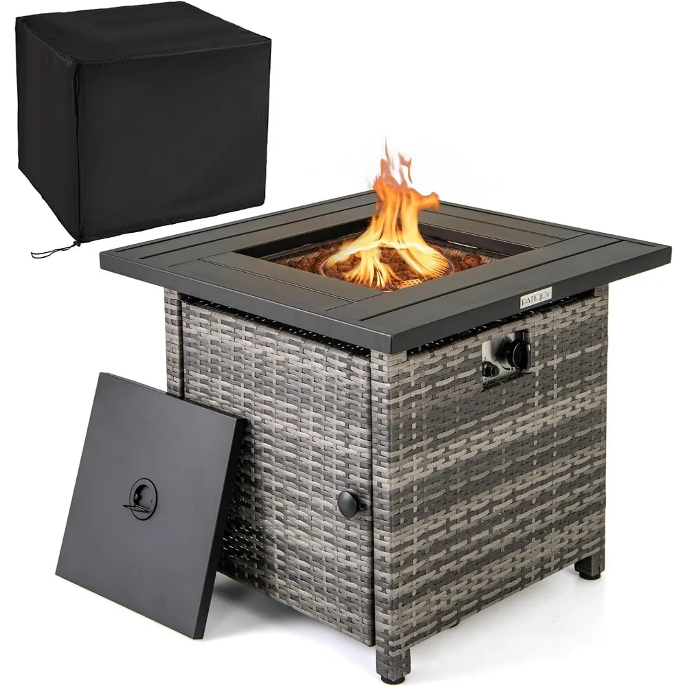 

Tangkula 29 Inch Rattan Propane Fire Pit Table, Patiojoy 50,000 BTU Outdoor Square Fire Pit with Lava Rocks & Protective Cover,