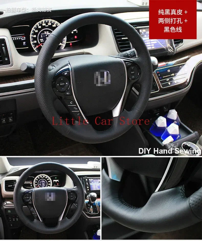 For Honda Odyssey DIY Steering Wheel Cover Black Leather Black Thread Hand Sewing