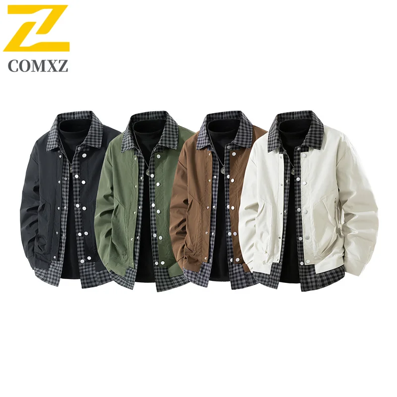 

Trendy Men Jacket Autumn Splicing Casual Stand Collar Faux Two Piece Coat Vintage Outdoor Hiking Work Daily Lightweight Coats