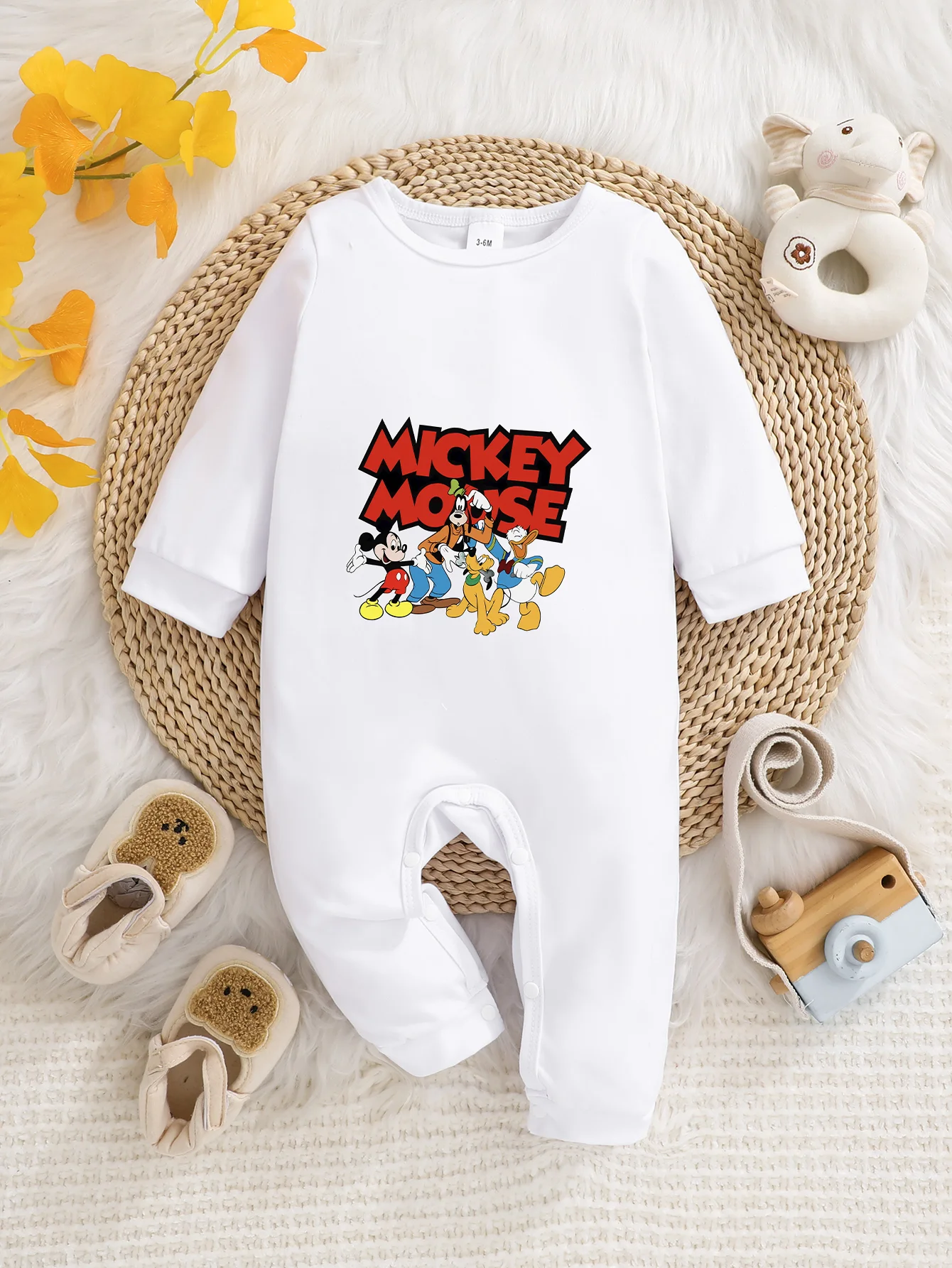 【Em licence officielle】 Barboteuse pour bébé Disney Mickey & Pals |   Barboteuse à manches longues en tissu confortable à motif « Mickey Mouse »