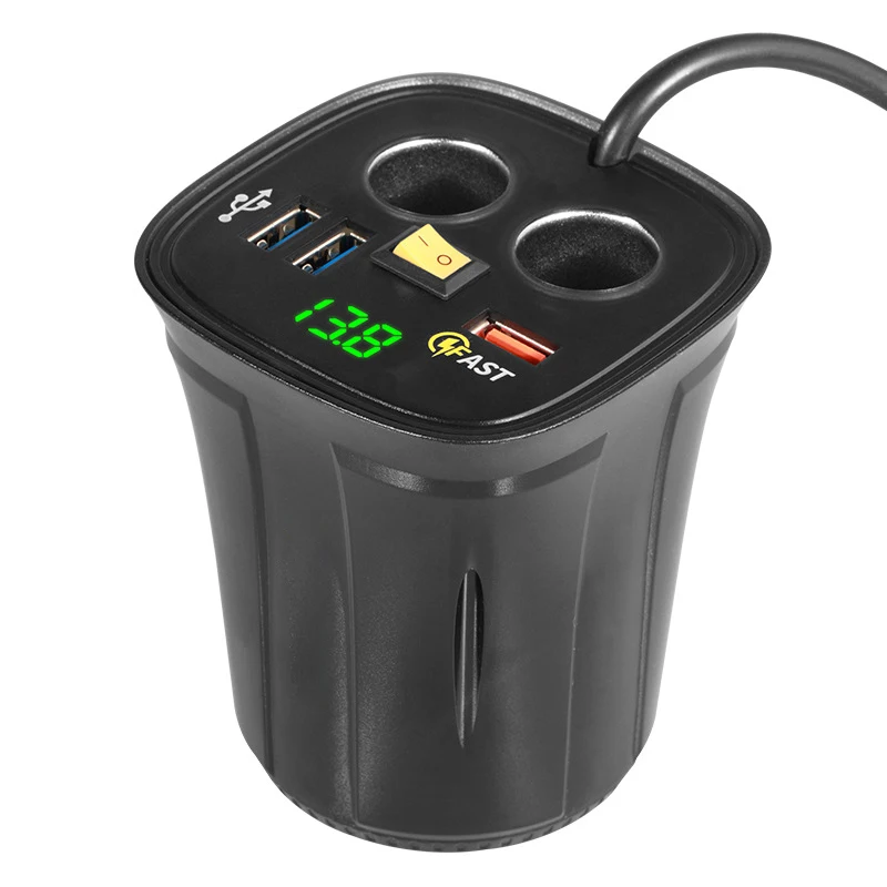 

Car Charger Adapter Splitter 2 Socket 80W QC3.0 Fast Quick Charge USB 4.2A Cup Holder Voltmeter On/Off Switch