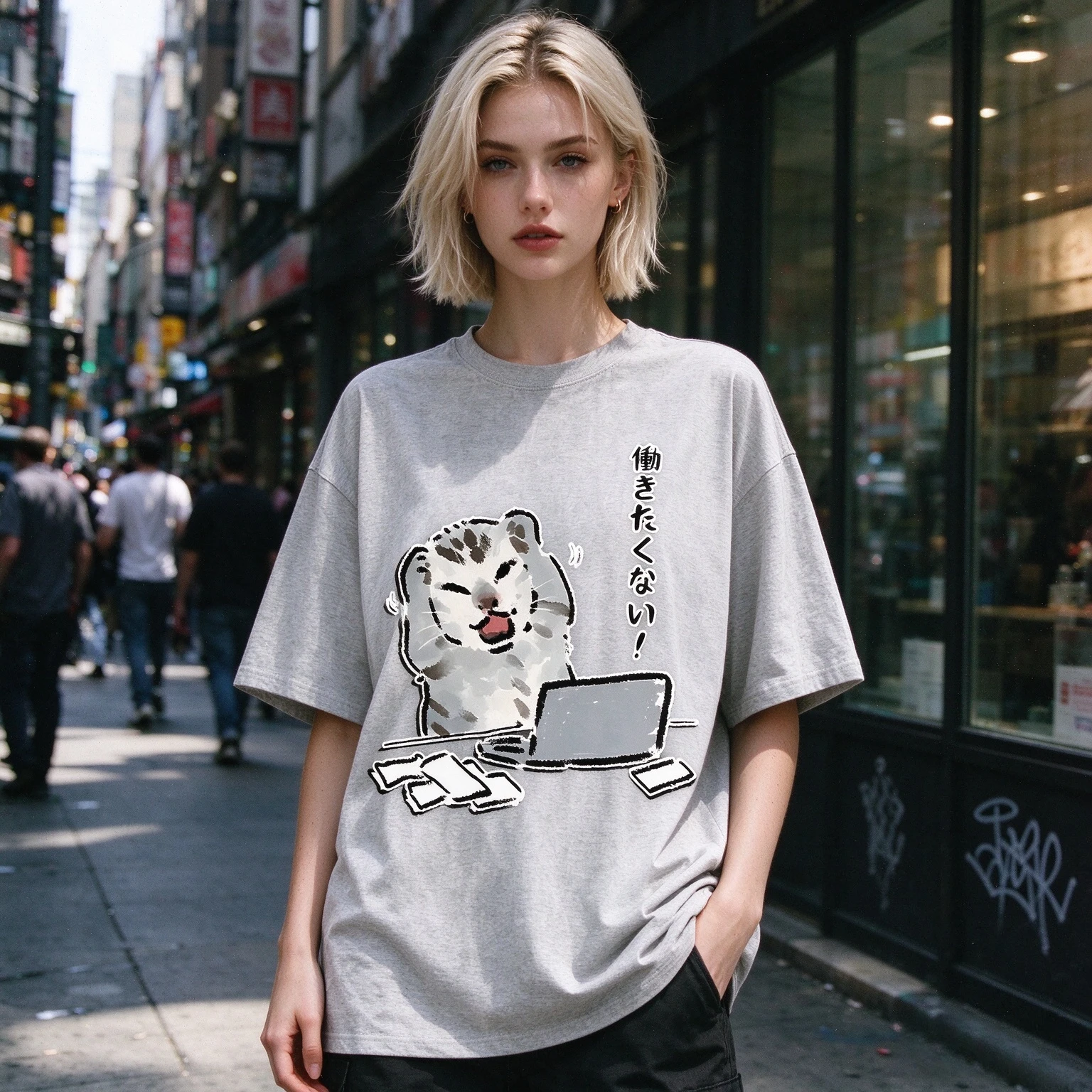 Cute Snow Leopard Working Laptop Graphic T-shirt Unisex Oversized Short Sleeve Tee Men Women Japanese Style Casual Streetwear