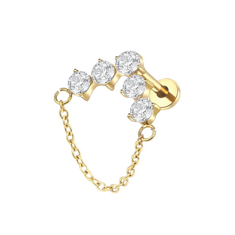 1 PC/5 Stuks Titanium Oorkraakbeen Oorbellen Interne Schroefdraad Piercings Verborgen Helix Stud CZ Drape Chain Flat Terug sieraden 16G