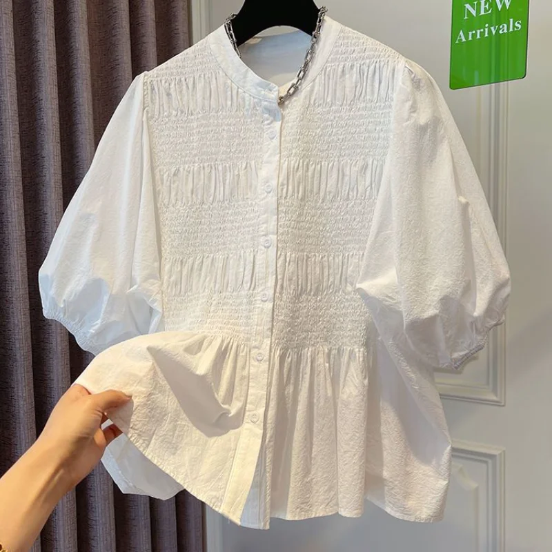 Single Breasted Women Shirts Solid Puff Sleeve Japan Style Summer Loose Blouses Pleated Ins Vintage Fashion Blusas 2023