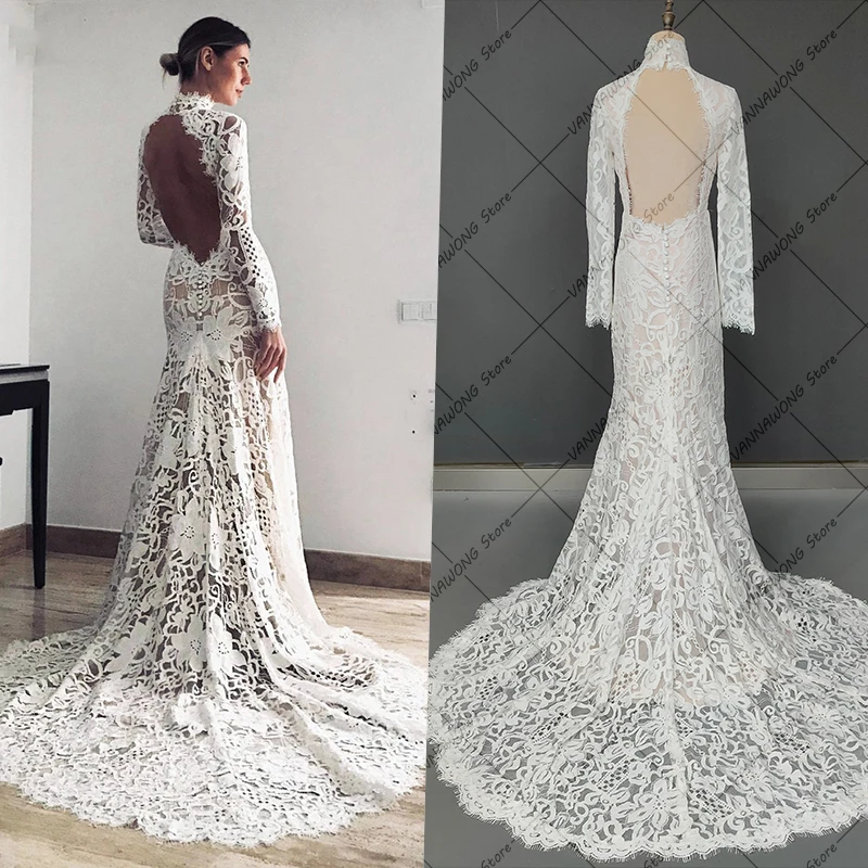 8852 # Gaun Pernikahan Putri Duyung Applique Bunga Elegan Gaun Pengantin Lengan Panjang Leher Tinggi Mode 2022 Jubah Gaun Pengantin