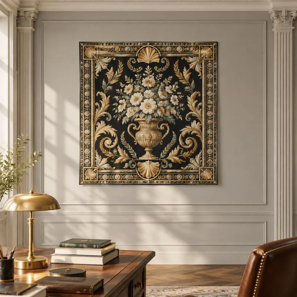 VIKAMA Classic Vase Bouquet Mirror Symmetric Tapestry Wall Hanging, Neoclassical Wall Decor Tapestries for Living Room Bedroom