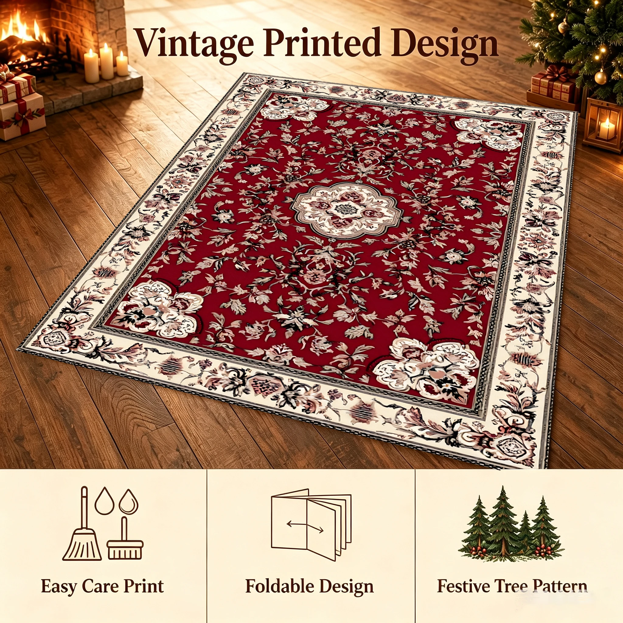 2D Large Carpet with Red Background and Classic Persian Pattern, Suitable for European Retro-Style Living Room and Bedroom, Can Be Used to Instantly Refresh Autumn and Winter Decorations