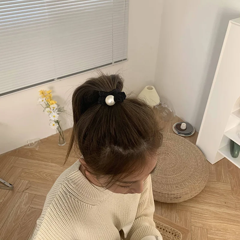 French Satin Hair Scrunchie Milk Gray Pearl Texture Elegant Korean Summer Ponytail Holder for Women Daily Festival
