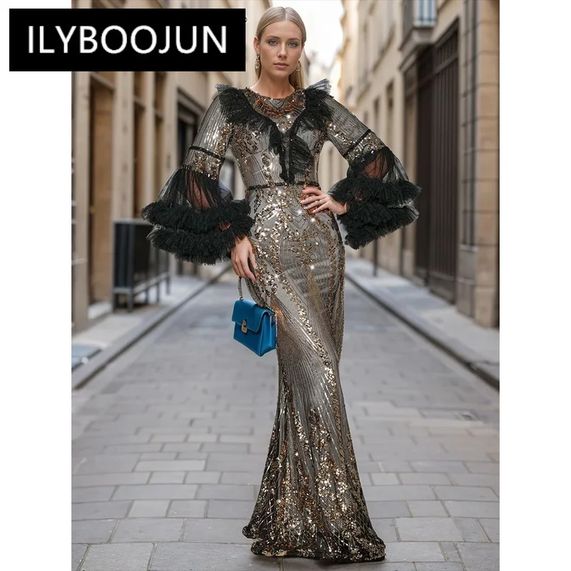 

ILYBOOJUN Solid Spliced Sequins Designer Dress For Women Round Neck Flare Sleeve High Waist Bodycon Slimming Dresses Female